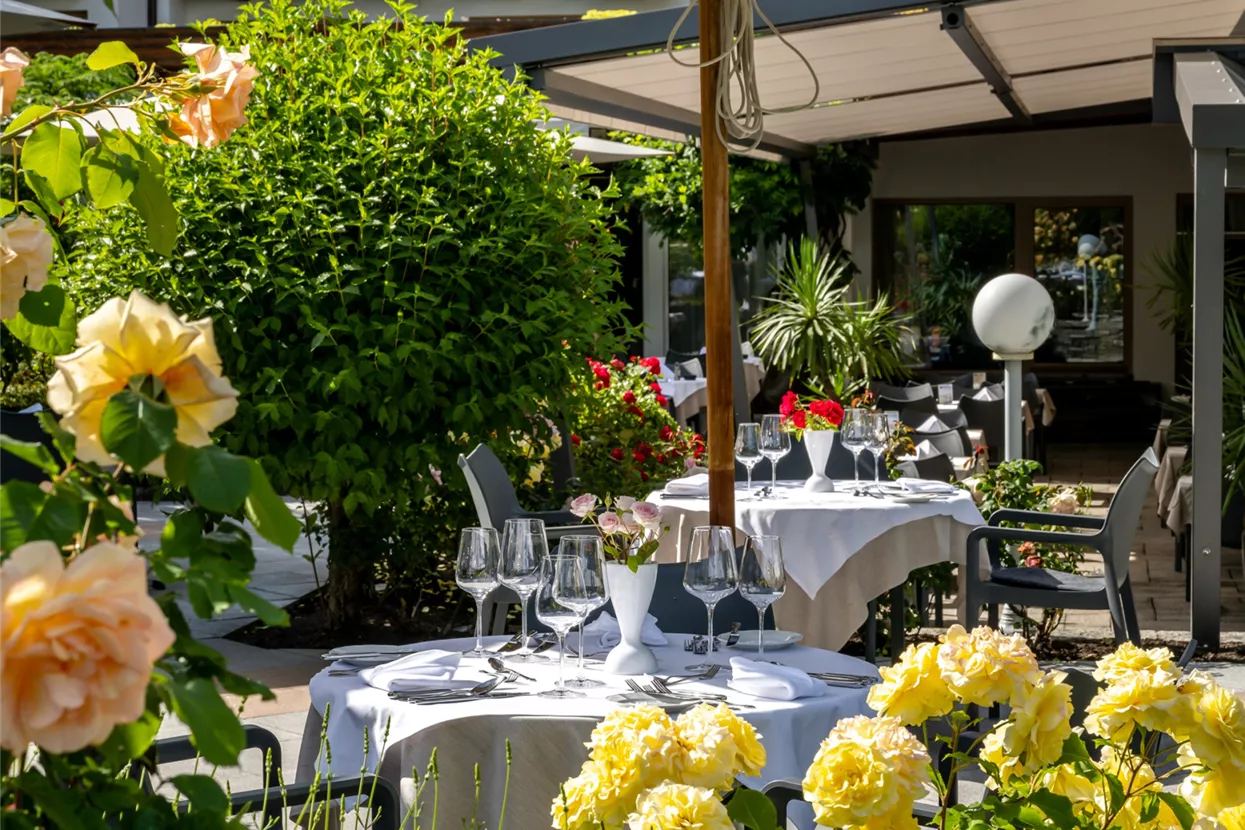 Terrasse im Garten mit Rosen